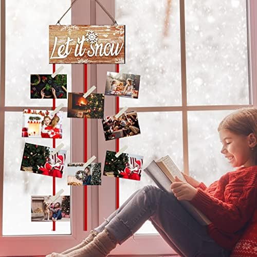 Држач за божиќни картички за Божиќни картички Нека е приказ на снег Фотографија Дрвен држач за виси фотографии со 20 дрвени клип