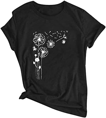 Летни врвови за жени плус големина Топ глуварче печати маица со тркалезна врата со кратки ракави со кратки ракави, обични фустани