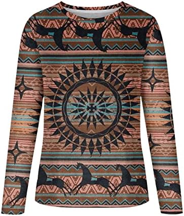 Кошули со долг ракав за жени со џемпери со вратот кошули Ацтеки етнички графички џемпери пулвер за есен случајно