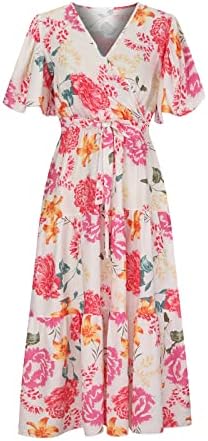 Women'sенски цветен летен макси фустан за обвивка V вратот со краток ракав, појас на руф, а-линија, боемска плажа празник долги фустани