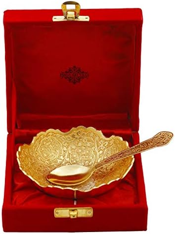 Индиска Уметност Вила Сребрена Позлатена Златна Полирана Украсна Врежана Чинија За Дизајн На Цвеќе И Лажица Со Кутија За Подароци