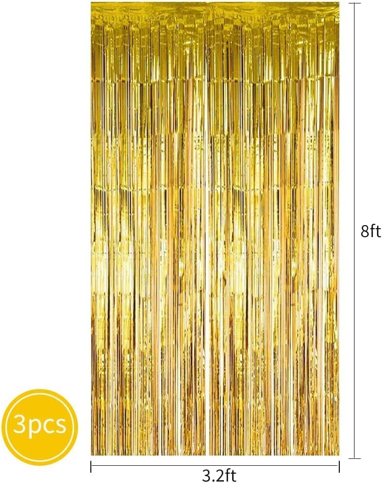 Тонфил 3 парчиња злато металик ливчиња со фолија од рабни завеси, 3,2 метри*8ft златен фото штанд, поток, прописи за фото штанд, за забавни