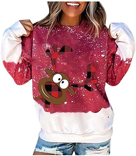 Narhbrg жени Божиќна дуксер, женски тинејџерски девојки мода грди Божиќни кошули за печатење смешни Божиќни блузи врвови од празнични кошули