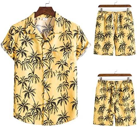 Jydqm 2 парче одморалиште костум за машки хавајски кошула костум со краток ракав печатено лежерно копче надолу со кошула од шорцеви на