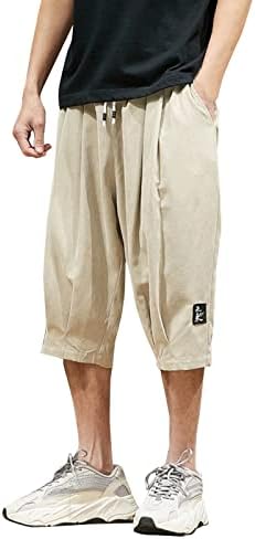 Машки панталони за машка јапонски стил лабава обични панталони лето со џебови еластично влечење опуштено вклопување 3/4 панталони