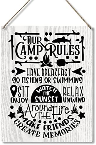 Смешно нашиот камп правила за дрво плакета знак wallид што виси фарма куќа рустикален кампување знаци со изреки за подароци