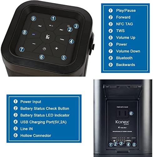 Bluetooth звучници, преносен безжичен звучник Konex 65W, Bluetooth 5.1 Тешки бас музички плеер, 3-насочен систем со активен филтер,