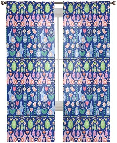 Arttikke чиста завеса со должина од 84 инчи 2 панели Велигденски јајца зајаци птици цвеќиња сина глава шифон прозорец завеси/драперии за дневна