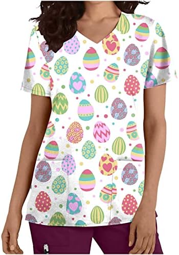 Womenенски Велигденски чиста кошули со џебови зајаче јајца графички работни униформа маички врвни секси V вратот пулвер маици