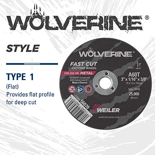 Weiler 56070 3 x 1/16 Wolverine Type 1 Cutting Wheel, A60T, 3/8 A.H.