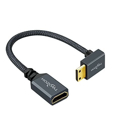 Twozoh Angled Mini HDMI to HDMI адаптер кабел 0,6ft ， најлонски плетенка надолу агол од 90 ° степени мини HDMI до HDMI продолжен