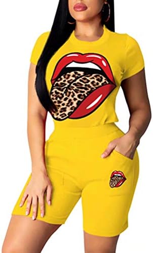 Elosele Women 2 Piect Објавување Краток ракав Црвена усна Леопард јазик за печатење маица за каросериски шорцеви Постави патеки за џемпери