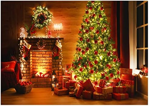 Dhxxsc 10x8ft Божиќна позадина Прекрасна позадина на новогодишната елка Подароци од камин дрвени подни wallидови за одмор Декорација