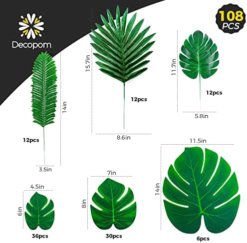 108 Пакет Палма Лисја Вештачки Тропски Чудовиште-6 Видови Големи Мали Зелени Лажни Палма Лист со Стебла За Сафари Џунгла Хавајски Луау