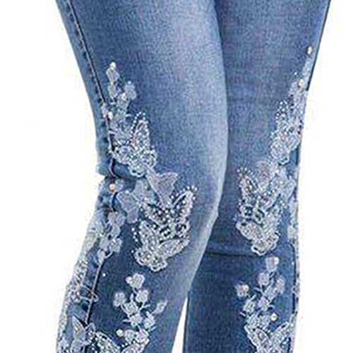 Женски цветни везени фармерки со средно издигнување слаби панталони од тексас гроздобер печатени тенок вклопување на ногата.