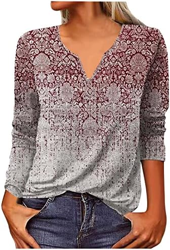 Женски обични блузи со долги ракави тенок фитн копче надолу против вратот Хенли кошули Етнички графички врв плус големина пулвер