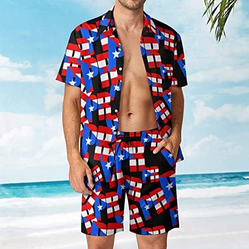 Weedkeycat Poreerto Rican Flag Man's Manigh Beach Outfits 2 Piece Hawaiian копче надолу со кошула Краток ракав и Shorts Track Sett