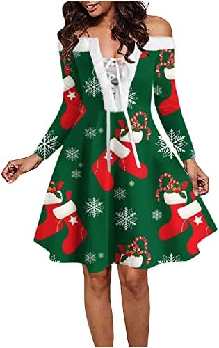 Божиќни коктелски фустани Tifzhadiao, божиќни коктел фустани, страшни V вратот, нејасен фустан од рамото, XMAS Printed Swing Conne