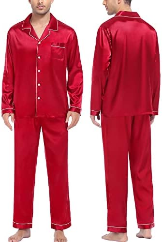 Swomog Mens Silk Satin Pajamas Long Sneave Loungewear со две парчиња за спиење на копчето за спиење