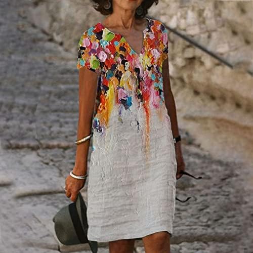 Летни фустани за жени плус големина постелнина, краток ракав против вратот гроздобер цветно печатење на коленото должина миди смена