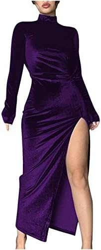Womenените со висок врат долг фустан женски долг ракав кадифена плетиран фустан со каросерија тенок наметка коктел забава макси фустани