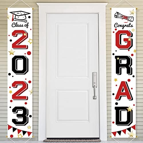 Класа На Украси за дипломирање од 2023 година: Црвени И Црни Честитки Град 2023 Декорации За Забави За Дипломирање, Предни Тремови Со Знаменца На Вратата Фото Реквизити