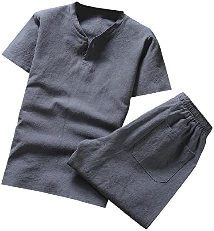 Каваи Менс 2-парчиња преголема преголема ленена кошула со цврста боја и костум за панталони за влечење