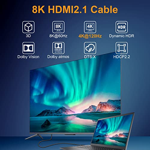 Cable VeeCOH 8K HDMI 15FT/5M, Ultra со голема брзина HDMI 2.1 кабли, HDR 48GBPS 4K@120Hz 8K@60Hz, HDMI кабел, EARC, ARC, CEC, HDCP