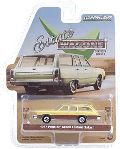 Greenlight 29990 -E Estate Wagons Series 5 - 1977 Pontiac Grand Lemans Safari - Goldenrod жолто со дрвокрадски 1:64 Diecast Scale
