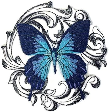 Надвор од обичај и уникатни неверојатни шарени пеперутки [Ulysses Swallowtail со барокна] везена железо на/шива лепенка [5 x5] направено во САД