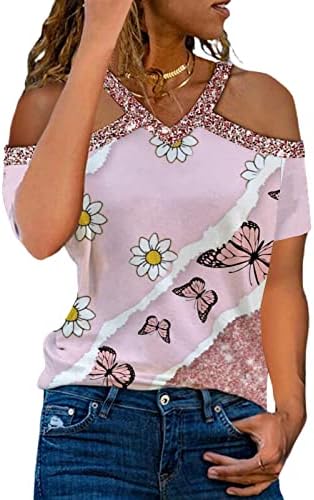 Womenенски бранч маички краток ракав од врвовите на рамото, длабоки V вратот без грб, капки за отпадоци од пеперутка, печатење