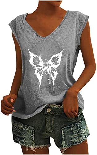 Lummerенски летен резервоар со врвови на вратот на вратот, модна лабава блуза, гроздобер маица за печатење на пеперутки, врвови