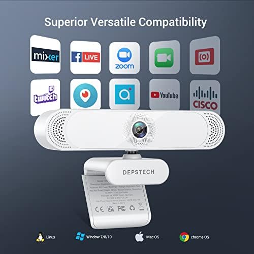 4K веб -камера, Depstech DW49 Sony Sensor Autofocus Webbam со микрофон, покритие за приватност и статив, приклучете и репродуцирајте USB компјутерска
