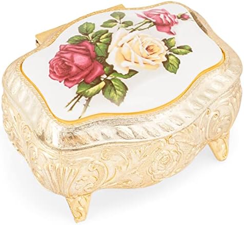 Хаело златен тон овална розова розова роза цветна метална музика кутија за накит го игра ветрот под