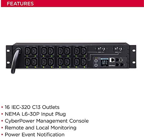 CyberPower PDU81007 Префрлен метар-по-излез PDU, 200-240V/30A, 16 продажни места, 2U RackMount