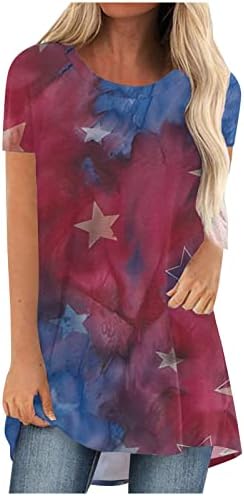 Женски 4 -ти јули патриотски кошули Обични starsвезди и ленти печатени лето лабава кошула со кратки ракави со кратки ракави на вратот