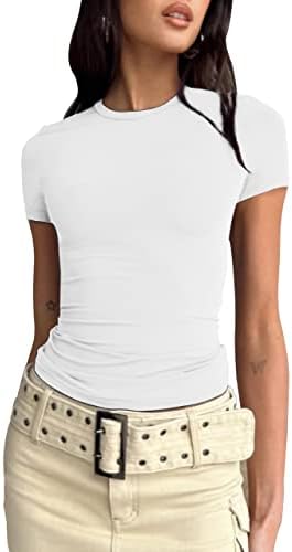 Safrisior жени основни цврсти култури врвни маички со тркалезен врат Краток ракав форма се вклопуваат во тренингот маица јога атлетска