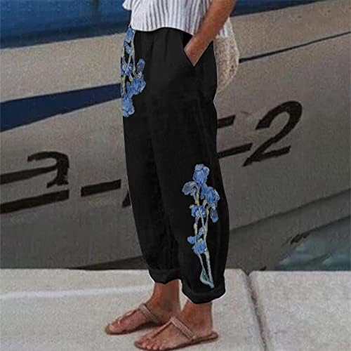 Dreamlascar жени памучни постелнини панталони капри облеки панталони за лето секојдневно печатење лабава удобна влечење со џебови