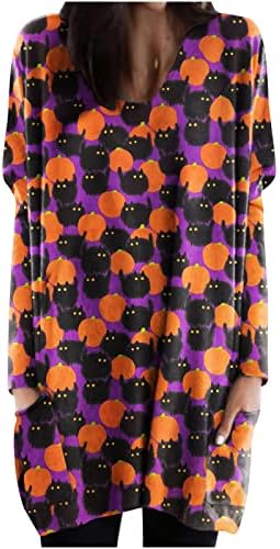 Narhbrg жени џемпери фустан Ноќта на вештерките симпатична печатена печатена долга ракав тунични кошули џебови v вратот пулвер врвови скокач