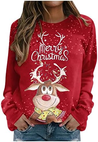 Nokmopo џемпери на женски женски обични модни модни Божиќни печати со долг ракав со долги ракави на вратот на вратот плус џемпер