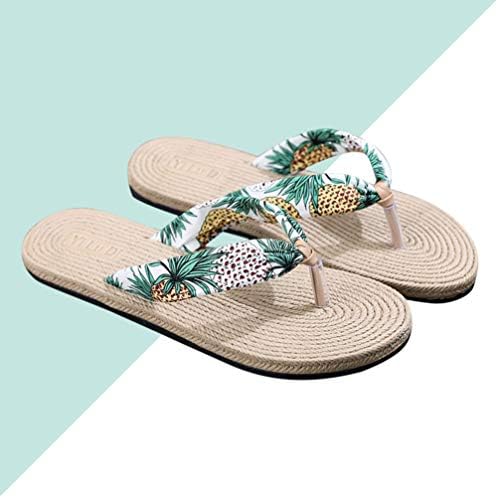 Happyyami жени рамни флип-папочни папучи имитација слама крпа печатени обични патувања едноставни чевли за плажа боемски излезни сандали влечки 1 пар