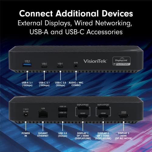 VisionTek VT7000 Universal USB-C докинг станица 3x 4K се прикажува со 100W испорака на електрична енергија-3x USB-A, 2x USB-C за Windows,