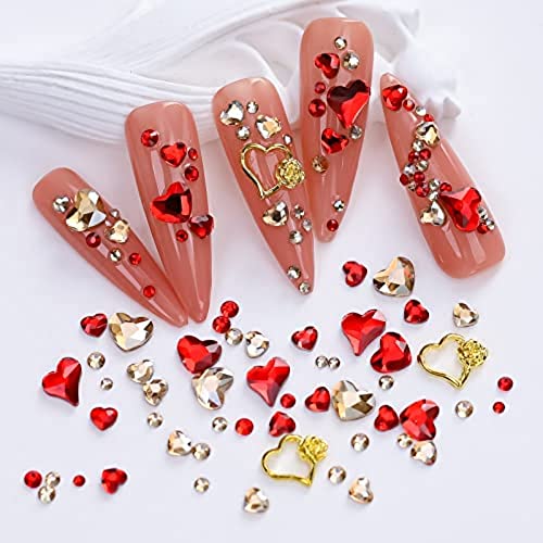 2box （1534 ПЦС） Мешаат големини на црвени нокти ригистони срца loveубов со форма на нокти во форма на нокти, кристали дијаманти