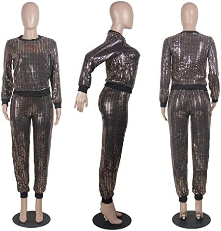 Wokanseенски женски сјај за сјајни ракави со долги ракави и слаби долги панталони со две парчиња облеки