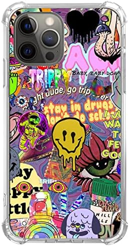 Небруски Трипи Психоделичен Caseетски Колаж Случај Компатибилен со iPhone 12/12 Pro, Кул Хипи Смајли Лице Апчиња Случај За Тинејџерки Жени