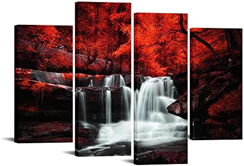 Levvarts црна бела и црвена wallидна уметност 4 парчиња црвено дрво шумски водопад слика платно печати есенски пејзажни слики врамени за канцеларија