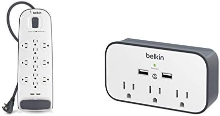 Белкин 12-излез USB заштитник на лента за напојување, рамен приклучок, 6-от кабел, бел и 3-аутлет wallиден монтажа на лулка за