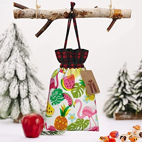 Божиќни Торби За Подароци Со Врвки Розова-Фламинго-Палма-Лисја Биволска Карирана Торба За Влечење Партијата Ги Фаворизира Чантите