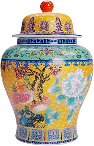 Тегла за керамички ѓумбир со капаци, рачно насликана цветна шема жолти порцелански вазни за домашен декор - тегла за храмови Chinoiserie, тегла