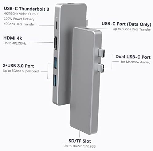7 во 2 АЛУМИНИУМСКА Легура USB-C Центар Адаптер со 2 Thunderbolt 3 конектори USB Тип-C Pd Порта USB-C Порта За Пренос НА Податоци 4K ВИДЕО HD Излез